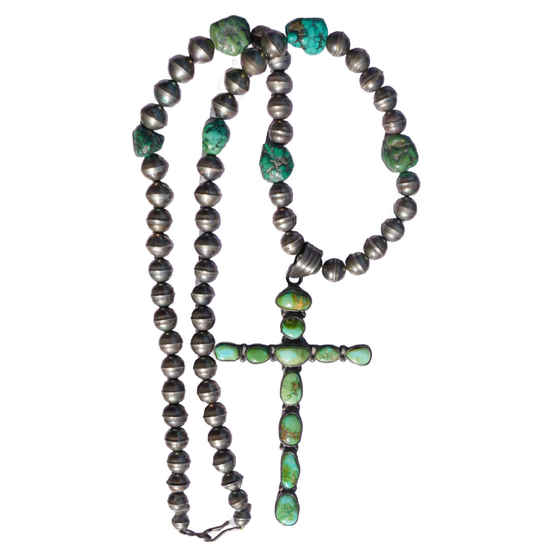 Vintage Sterling Silver Green Turquoise Cross Necklace