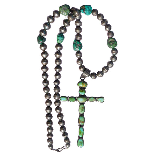 Vintage Sterling Silver Green Turquoise Cross Necklace