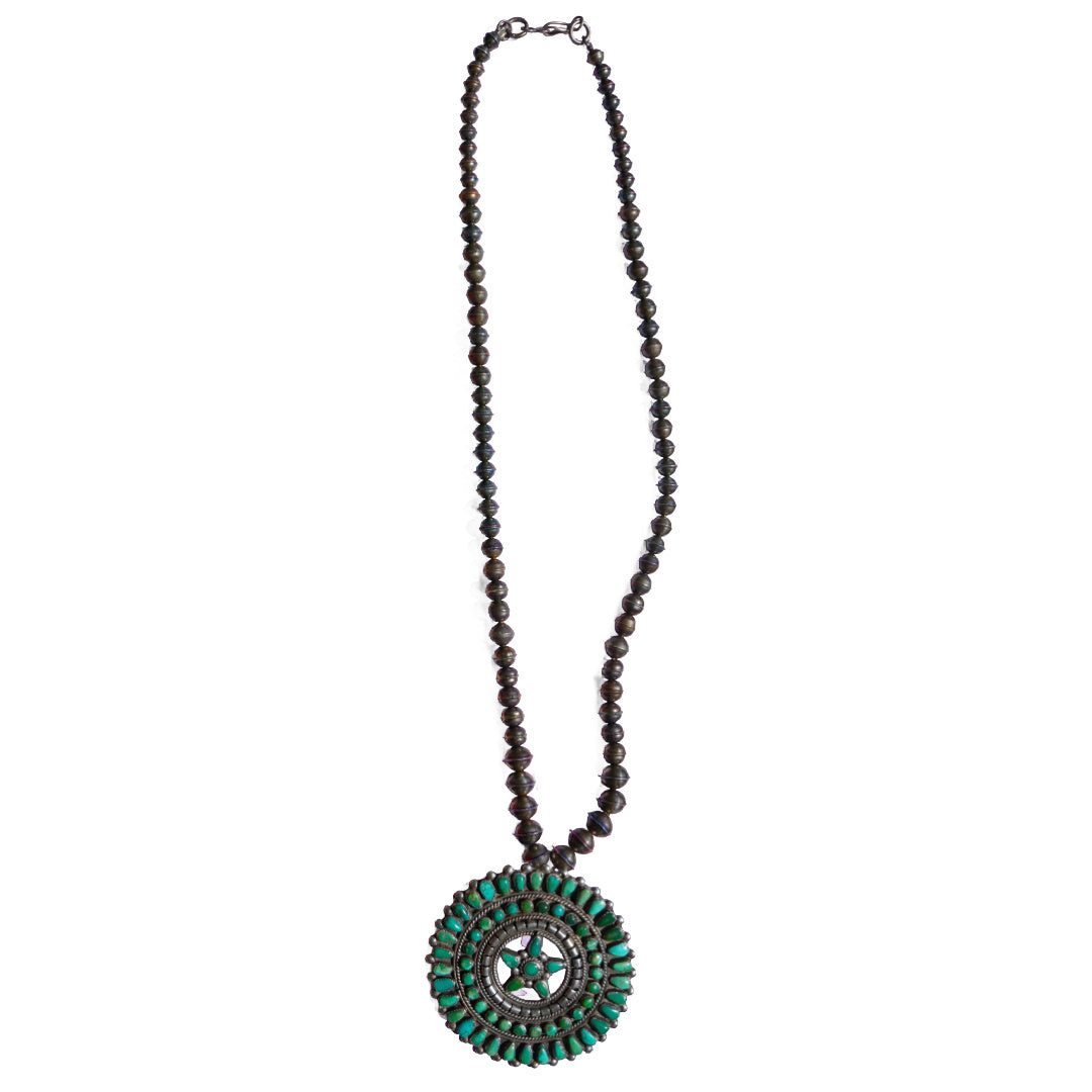Turquoise Cluster Pendant With Sterling Silver Bench Made Beads.