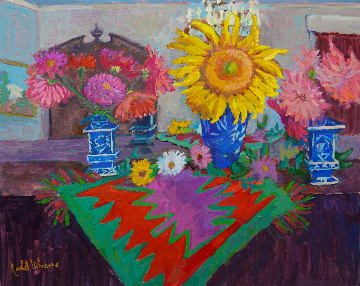 Dahlia and Sunflower Painting by Rachel Uchizono