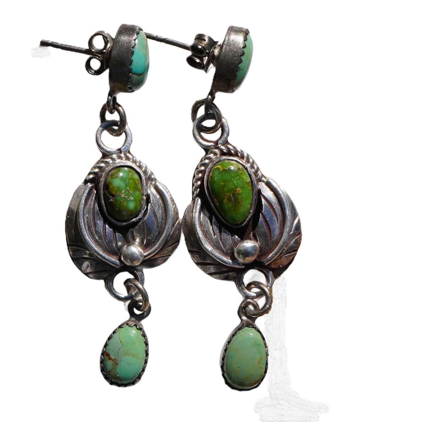 Leaf Design Green Turquoise Earrings Sterling Silver