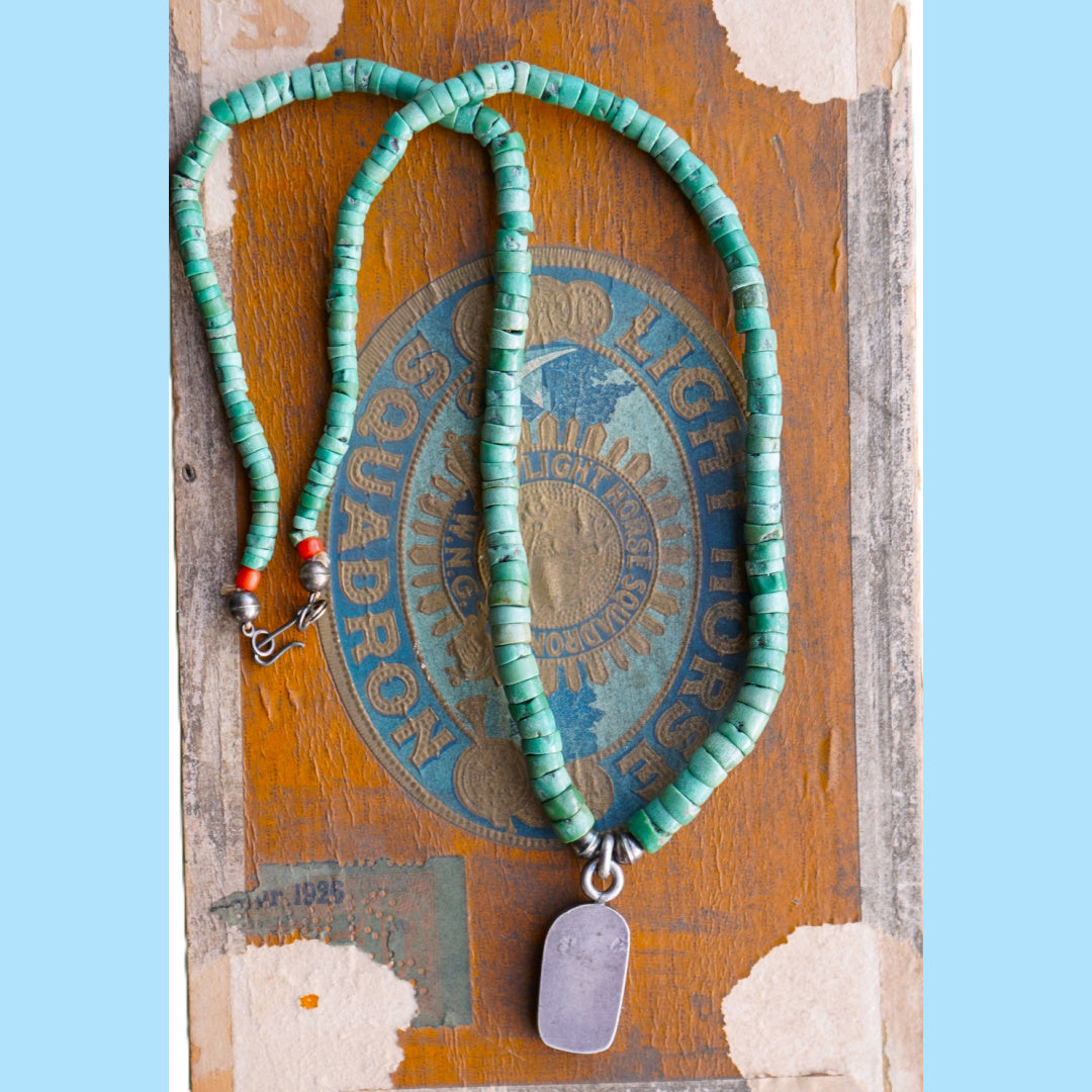 Old Turquoise Heishi Necklace With Green Turquoise Pendant