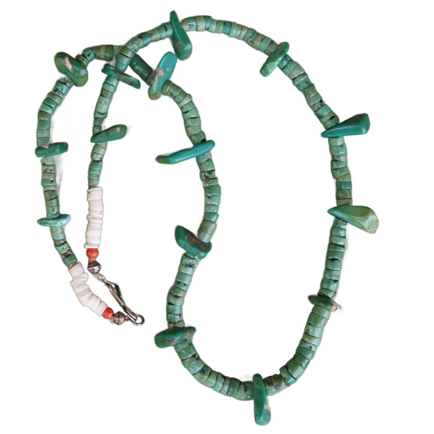 Old  Green Turquoise Heishi And Tab Necklace
