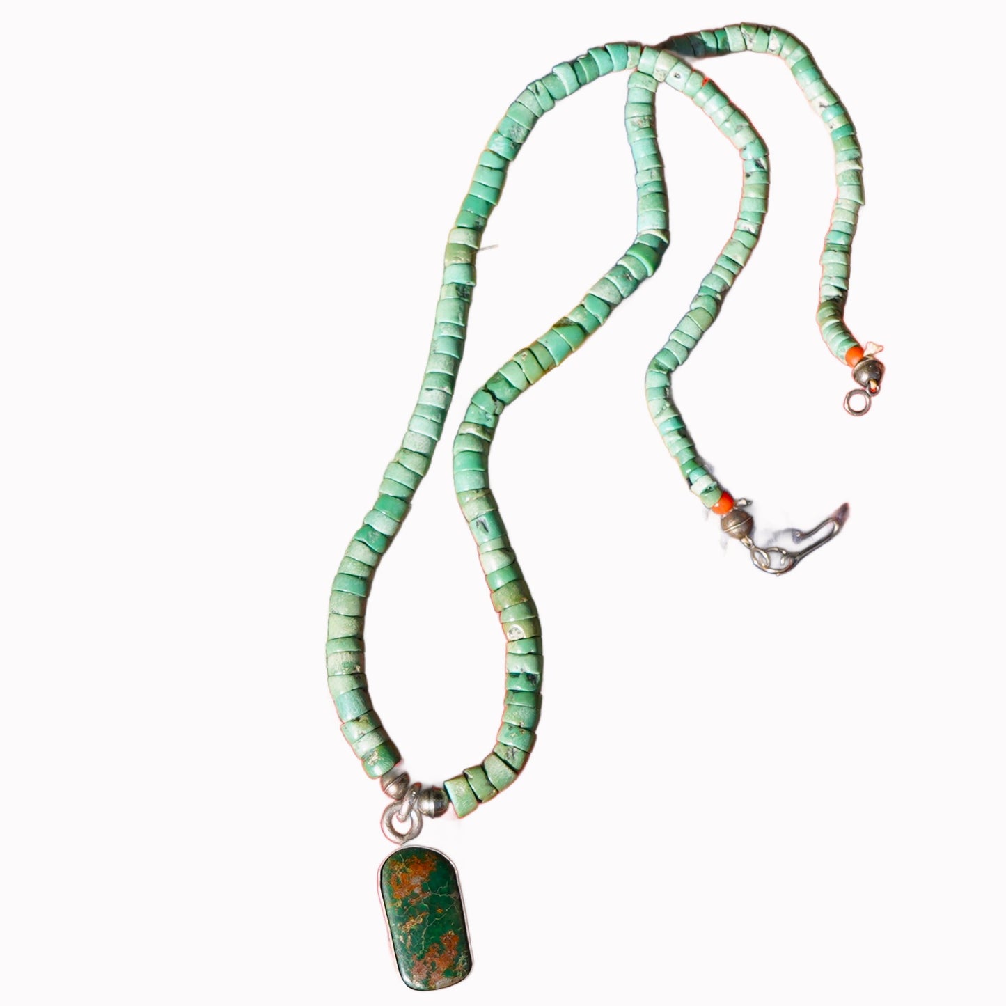 Old Turquoise Heishi Necklace With Green Turquoise Pendant