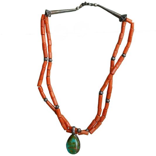 Vintage Navajo Coral And Turquoise Pendant Necklace